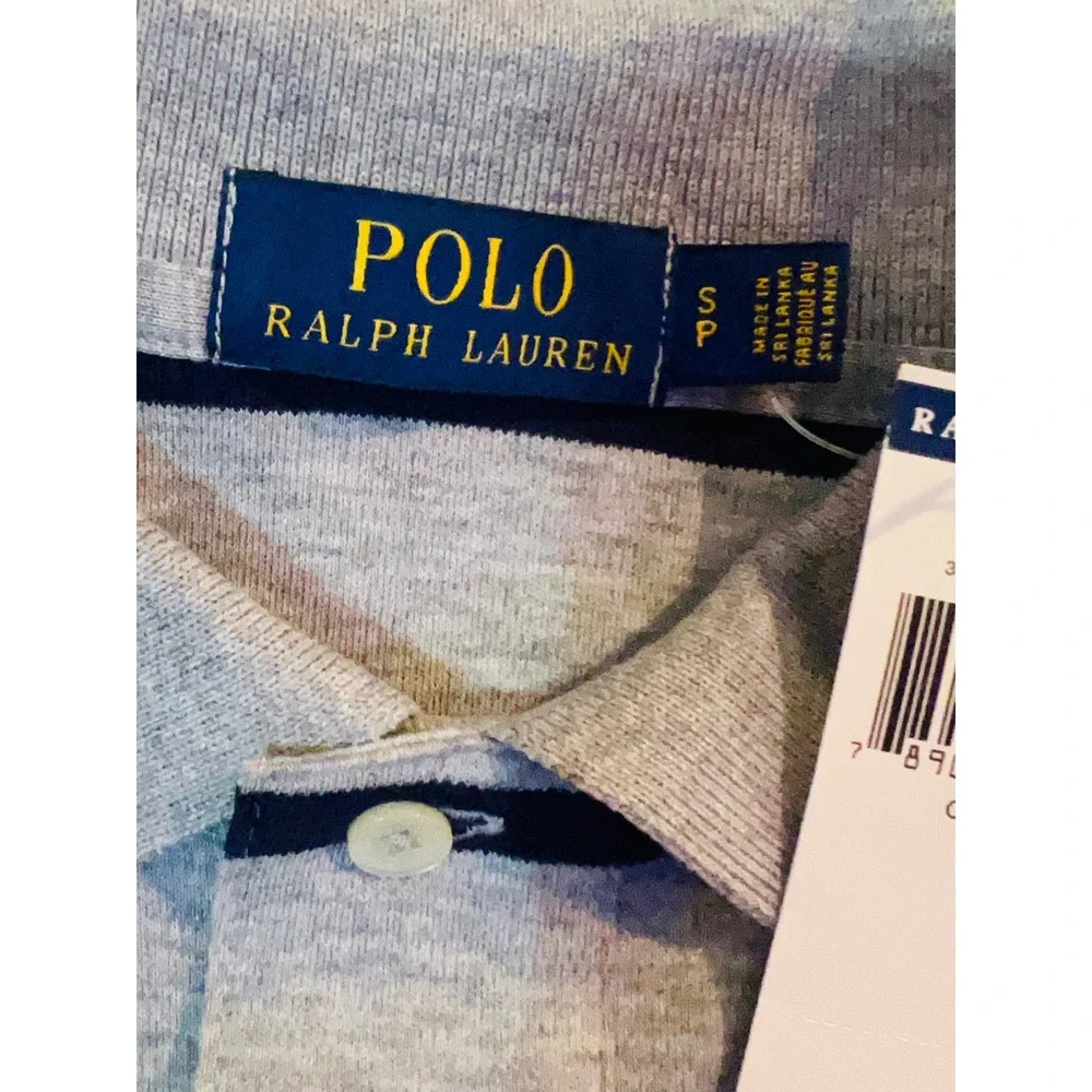 Polo Ralph Lauren Mens Grey Navy Blue Striped Cotton Polo Shirt Small NWT